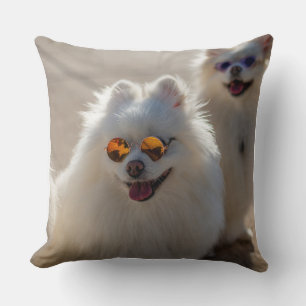 Funny Fluffy White Dog with Sunglasses Cute Dog Lo Throw Pillow
