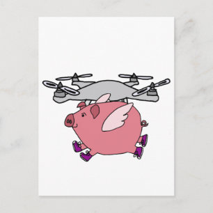 Funny Flying Pig Drone Cartoon Postcard