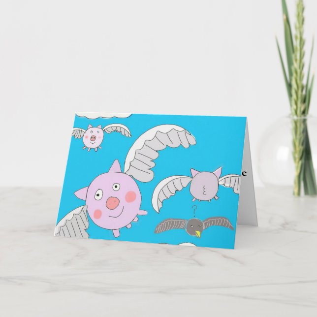 Funny Flying Pigs and Bemused Crow Card (Front)
