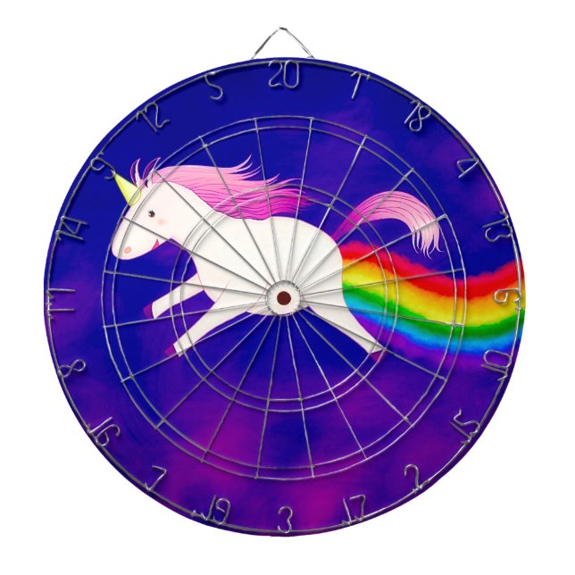Funny Flying Unicorn Farting a Rainbow Dartboard (Front)