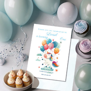 Funny Flying Unicorn Rainbow Colours 1st Birthday Invitation