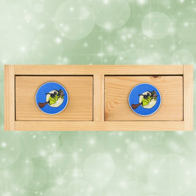 Funny Flying Witch Black Cat Moon Stars Halloween Ceramic Knob (Fun Witch black cat flying past moon on broom blue sky with stars drawer knob pulls.)
