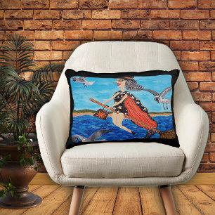 Funny Flying Witch Broom Cat Seagulls Beach Decorative Pillow