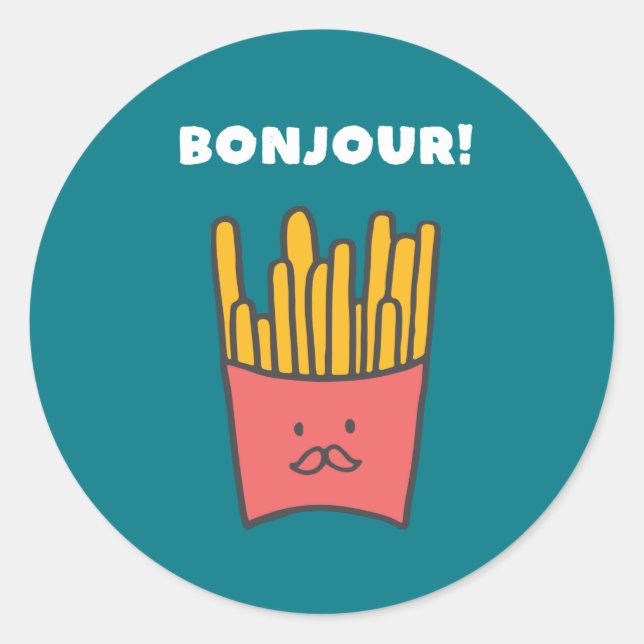 Funny Food Pun Humour French Fries Bonjour Classic Round Sticker (Front)