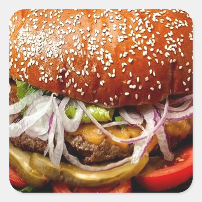 funny foodie novelty cheeseburger hamburger square sticker (Front)