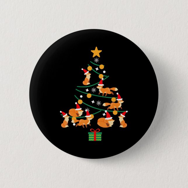 Funny Fox Christmas Tree Xmas Foxs Tree Santa Hat 2 Inch Round Button (Front)