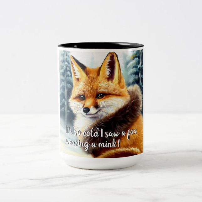 Funny Fox in a Mink New Year's Eve Two-Tone Coffee Mug (Center)