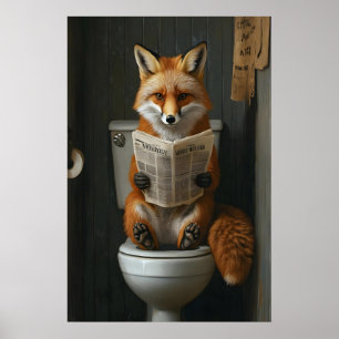 Funny Fox Reading Newspaper on Toilet, Bathroom Poster