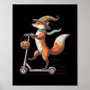 Funny Fox Riding Scooter Fall Pumpkin Halloween Th Poster