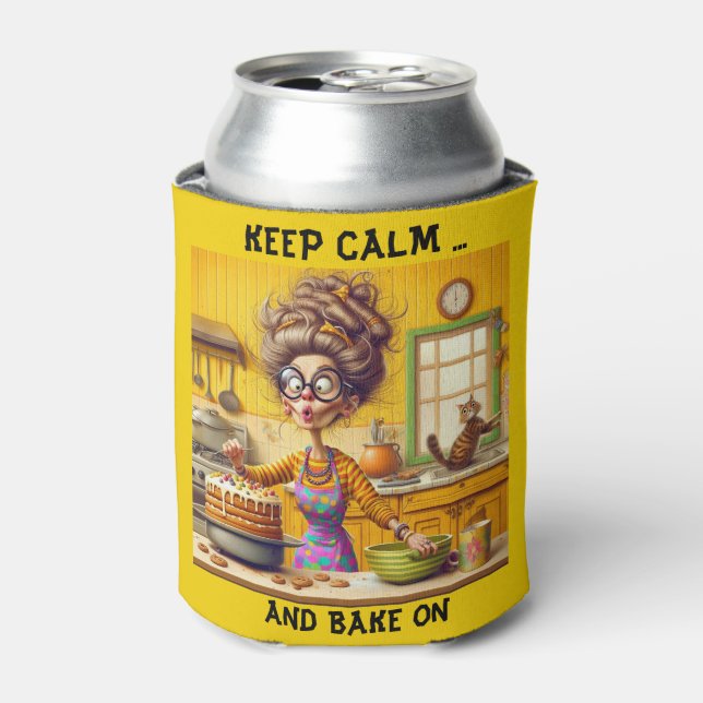 Funny Frazzled lady baker cartoon Can Cooler (Can Front)