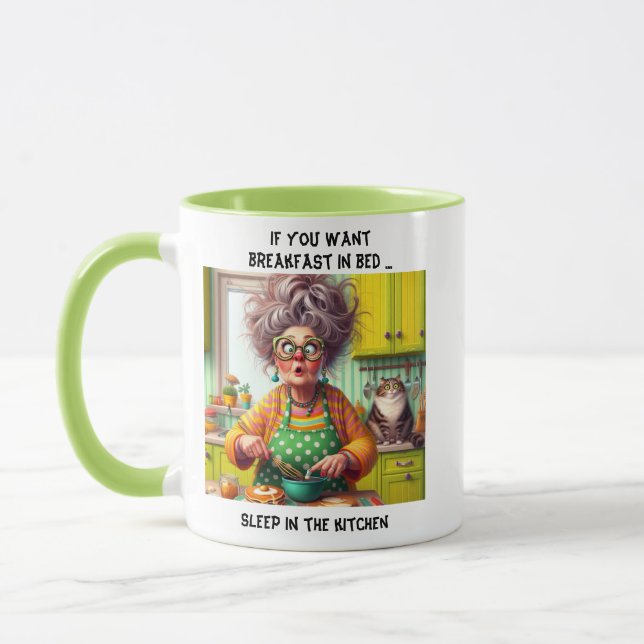 Funny Frazzled Old Lady Cartoon Pancake-Making Mug (Left)