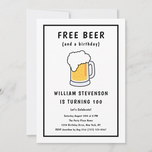 Funny Free Beer Joke Simple Man 100th Birthday Invitation (Front)
