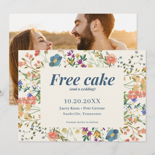 Funny Free Cake Wildflowers Wedding Save the Date (Front/Back)