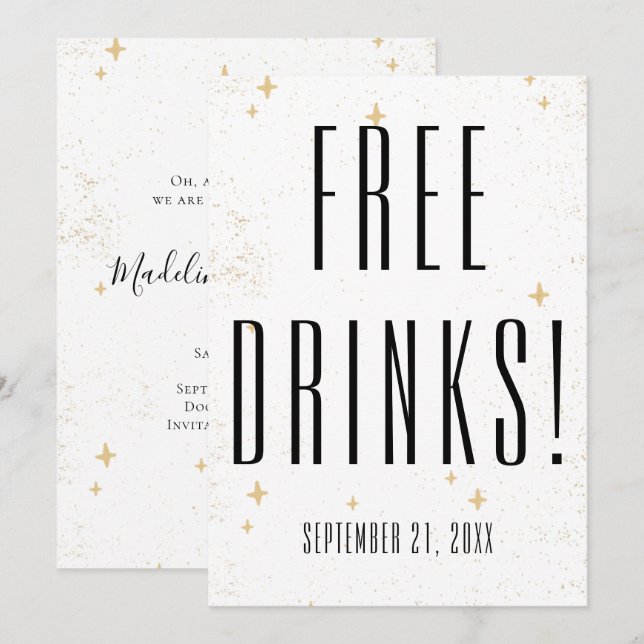 Funny Free Drinks Gold Sparkle Wedding  Save The Date (Front/Back)