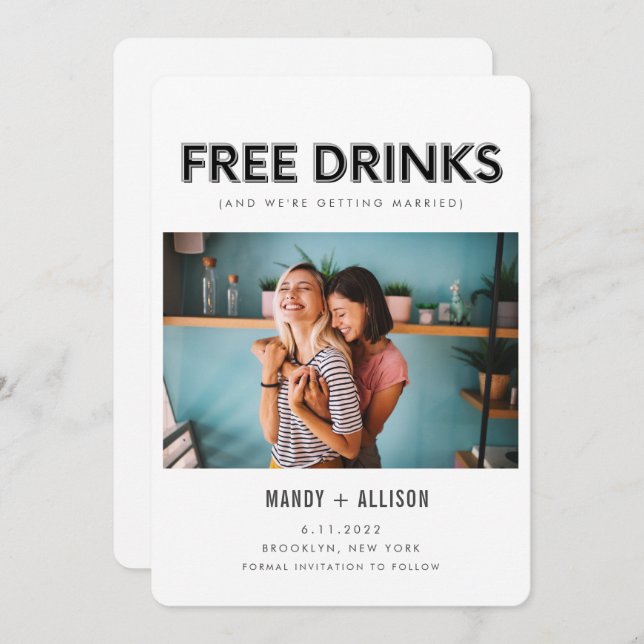 Funny Free Drinks Photo Lesbian Save the Date (Front/Back)