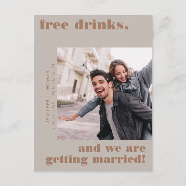 Funny Free Drinks Photo Save the Date Postcard (Front)