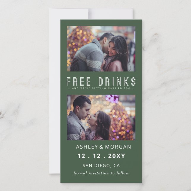Funny Free Drinks Photo Wedding save The Date Anno Announcement (Front)