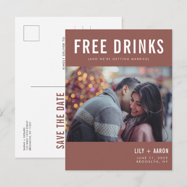 Funny Free Drinks Wedding Rust Photo Save the Date Announcement Postcard (Front/Back)
