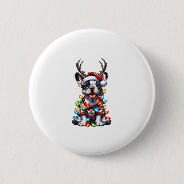 Funny French Bulldog Christmas Light Santa Hat Rei 2 Inch Round Button (Front)