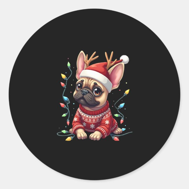 Funny French Bulldog Christmas Light Santa Hat Rei Classic Round Sticker (Front)