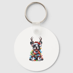 Funny French Bulldog Christmas Light Santa Hat Rei Keychain