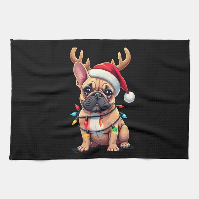 Funny French Bulldog Christmas Light Santa Hat Rei Kitchen Towel (Horizontal)