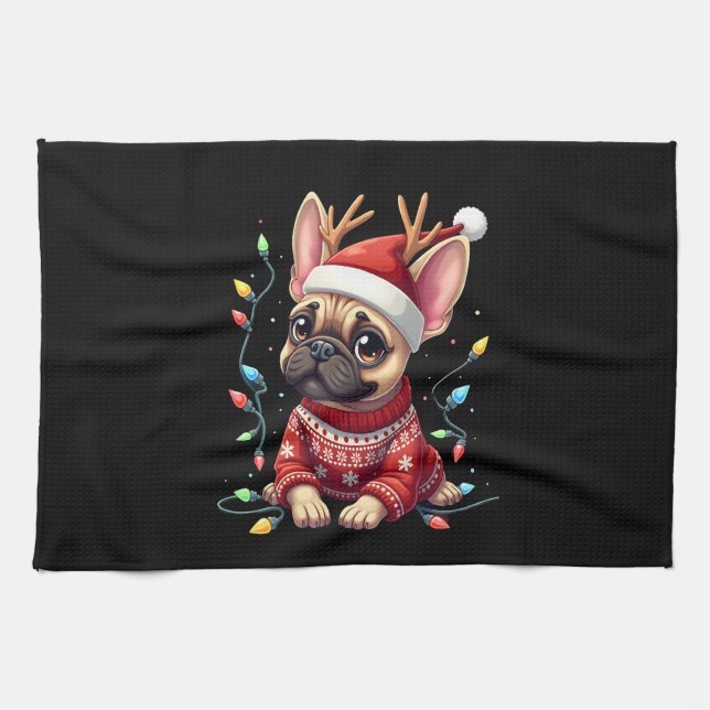 Funny French Bulldog Christmas Light Santa Hat Rei Kitchen Towel (Horizontal)