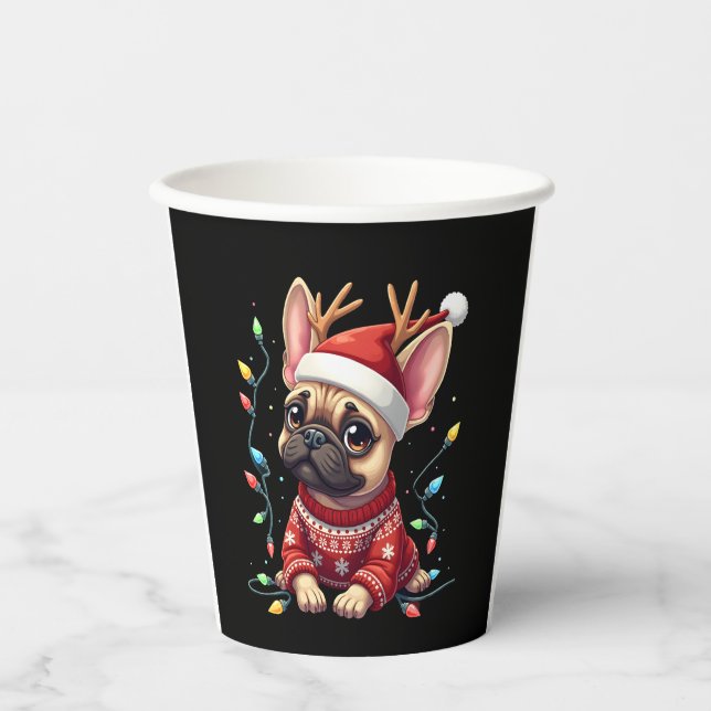 Funny French Bulldog Christmas Light Santa Hat Rei Paper Cups (Front)