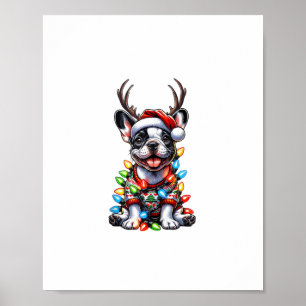 Funny French Bulldog Christmas Light Santa Hat Rei Poster