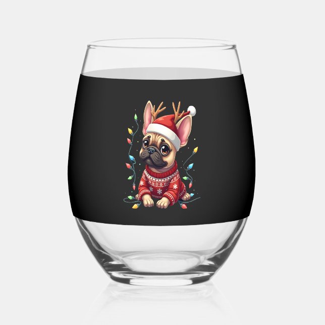 Funny French Bulldog Christmas Light Santa Hat Rei Stemless Wine Glass (Front)