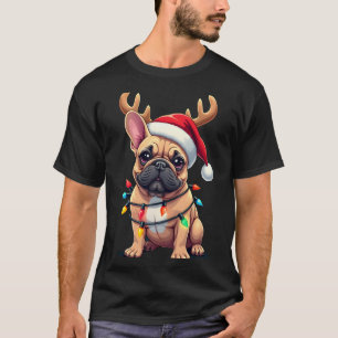 Funny French Bulldog Christmas Light Santa Hat Rei T-Shirt