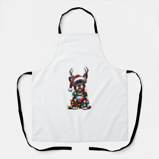 Funny French Bulldog Christmas Santa Hat Light Rei Apron (Front)