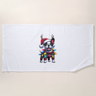 Funny French Bulldog Christmas Santa Hat Light Rei Beach Towel
