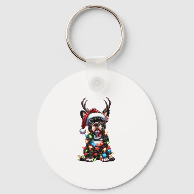 Funny French Bulldog Christmas Santa Hat Light Rei Keychain (Front)