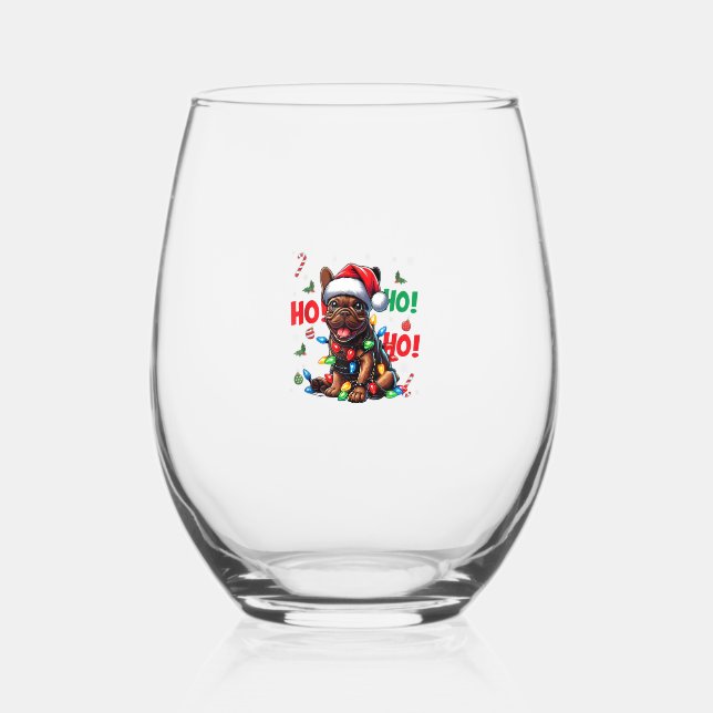 Funny French Bulldog Christmas Santa Hat Lights HO Stemless Wine Glass (Front)