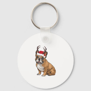 Funny French Bulldog Christmas Santa Hat Reindeer Keychain
