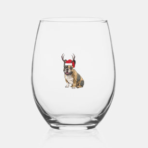 Funny French Bulldog Christmas Santa Hat Reindeer  Stemless Wine Glass