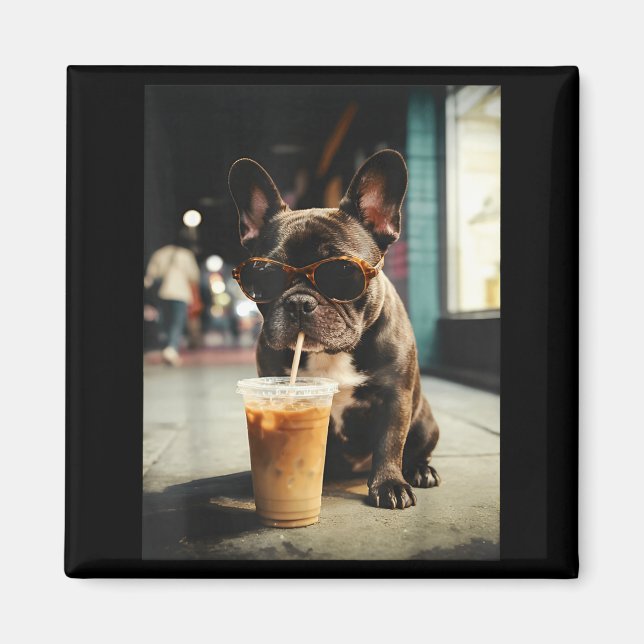 Funny french bulldog drinking iced coffee cool dog magnet (Front)