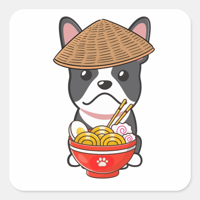 Funny french bulldog is eating noodles square sticker (Front)