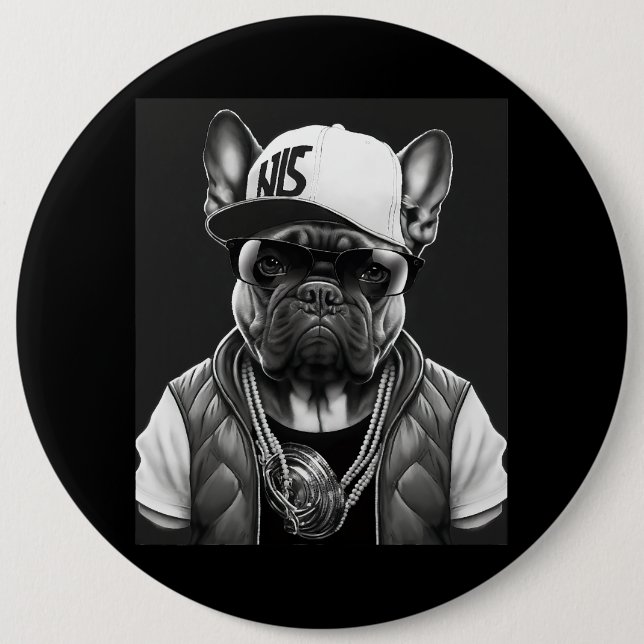 Funny French Bulldog Rapper Hip Hop Star 6 Inch Round Button (Front)