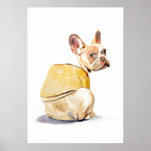 Funny French Bulldog Wall Art Poster, Watercolor 