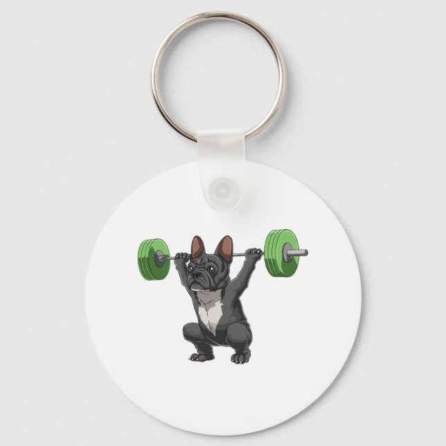 Funny French Bulldog Weightlifting And Bodybuildin Keychain (Front)
