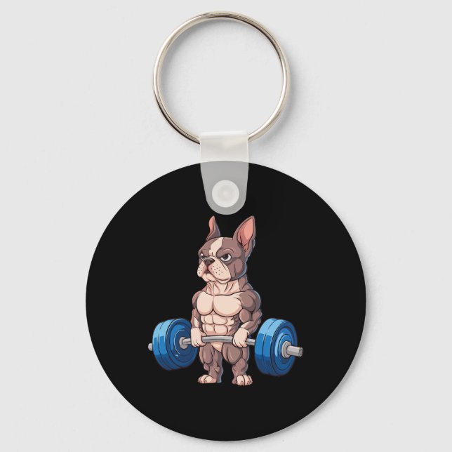 Funny French Bulldog Weightlifting Bodybuilding Gy Keychain (Front)