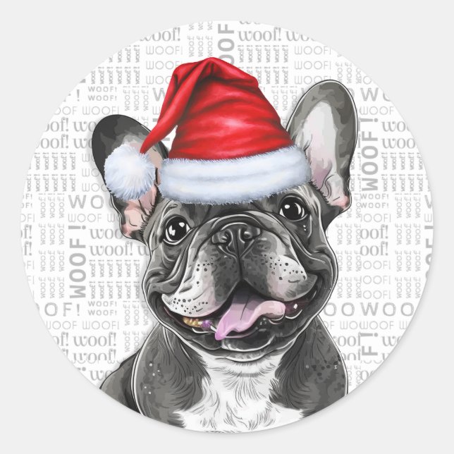 Funny French Bulldog with Woof Art Christmas Classic Round Sticker (Front)