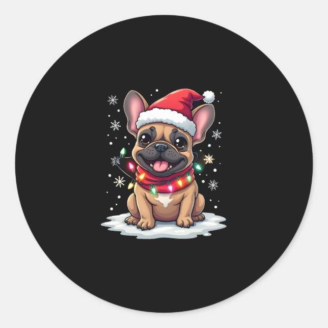 Funny French Bulldogs Christmas Santa Hat Lights S Classic Round Sticker (Front)