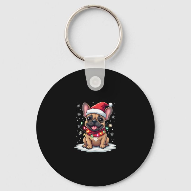 Funny French Bulldogs Christmas Santa Hat Lights S Keychain (Front)