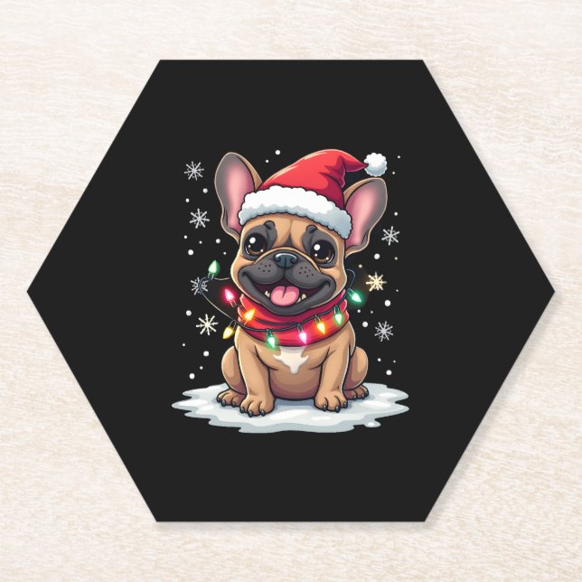 Funny French Bulldogs Christmas Santa Hat Lights S Paper Coaster (Front)