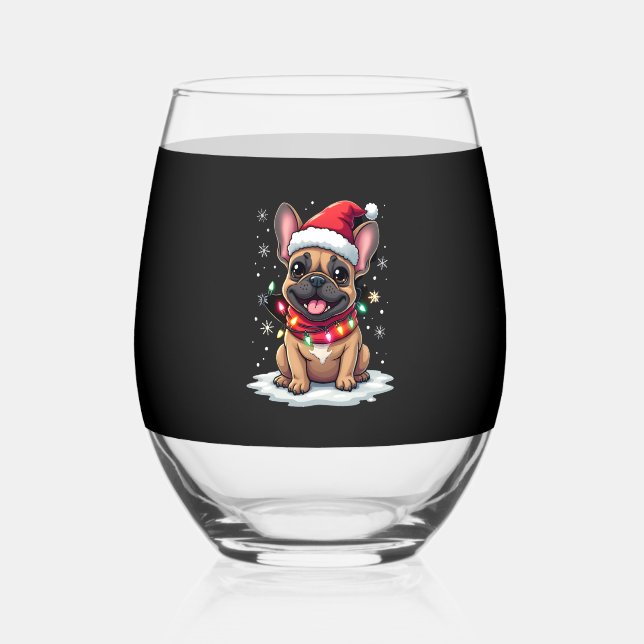 Funny French Bulldogs Christmas Santa Hat Lights S Stemless Wine Glass (Front)