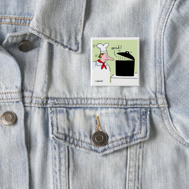 Funny French Chef with Kettle on Stove Cartoon 2 Inch Square Button (In Situ)