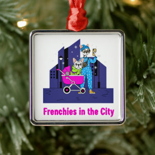  Funny Frenchies in the City   Cute Cartoon French Metal Ornament